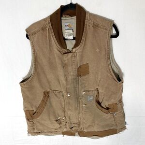 Carhartt Fire Resistant Thrashed Destroyed Distressed Tan Duck Canvas Vest L